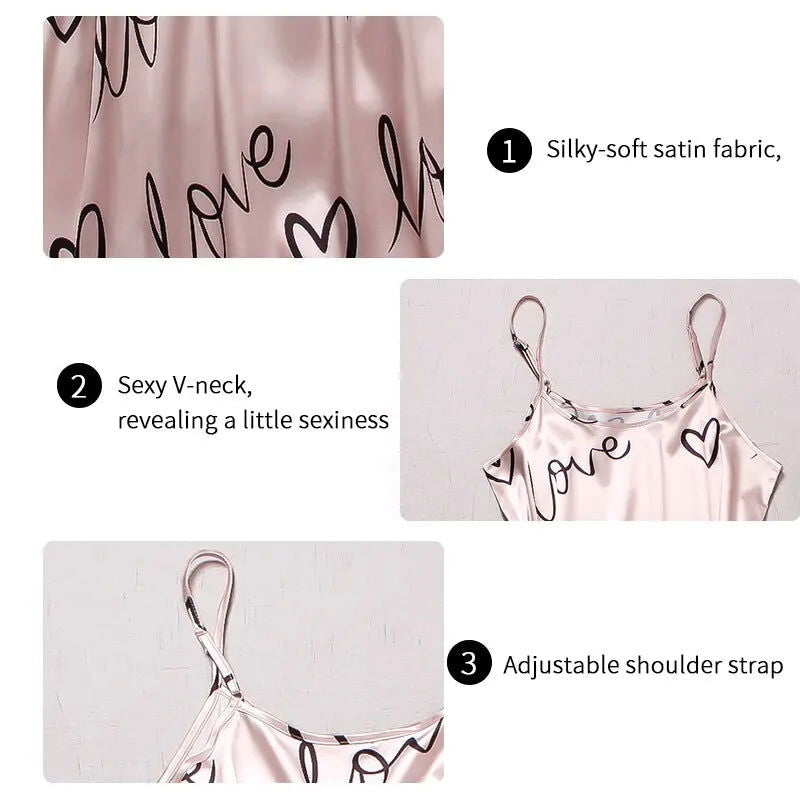 Women Satin Silk Pajamas Sets Letter Print Cami Vest Shirt With Trouser Sleepwear Ladie Sexy Pajama Lingerie Pyjamas Nightwear - Slobuy