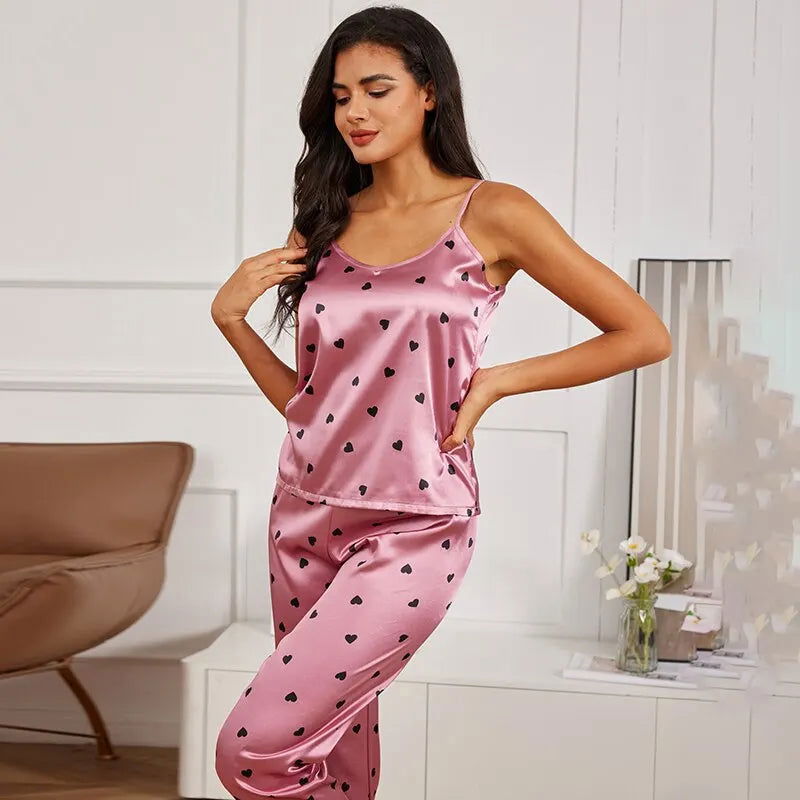 Women Satin Silk Pajamas Sets Letter Print Cami Vest Shirt With Trouser Sleepwear Ladie Sexy Pajama Lingerie Pyjamas Nightwear - Slobuy