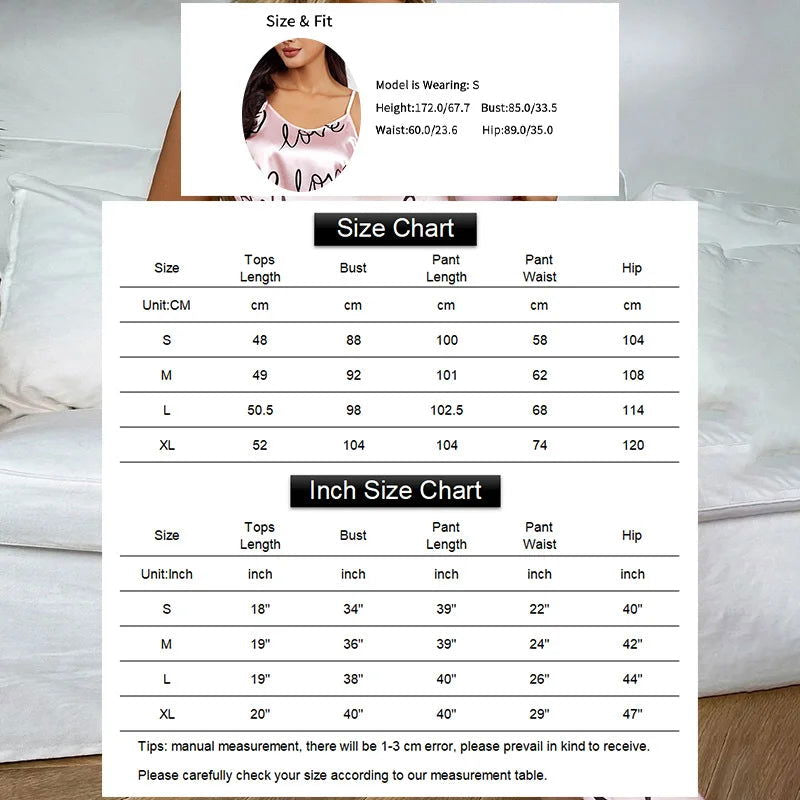 Women Satin Silk Pajamas Sets Letter Print Cami Vest Shirt With Trouser Sleepwear Ladie Sexy Pajama Lingerie Pyjamas Nightwear - Slobuy