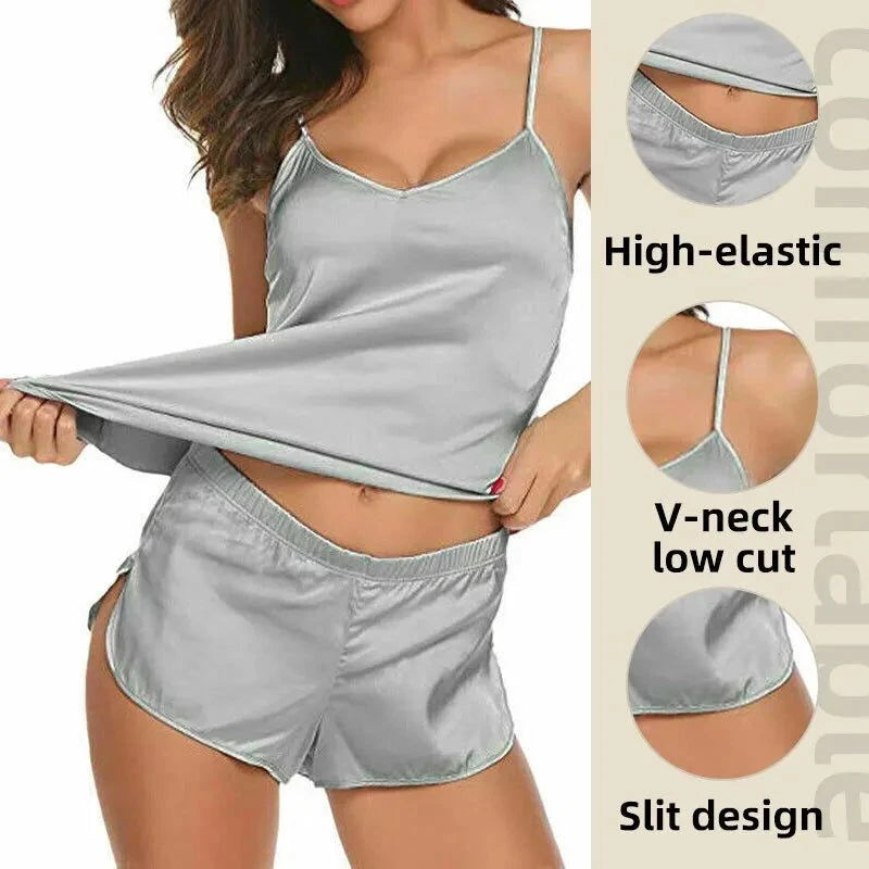 Women Sexy Ice Silky Pajamas Nightclothes Sleepwear Camisole And Shorts White Black Gray L XL XXL Comfortable Casual Summer - Slobuy