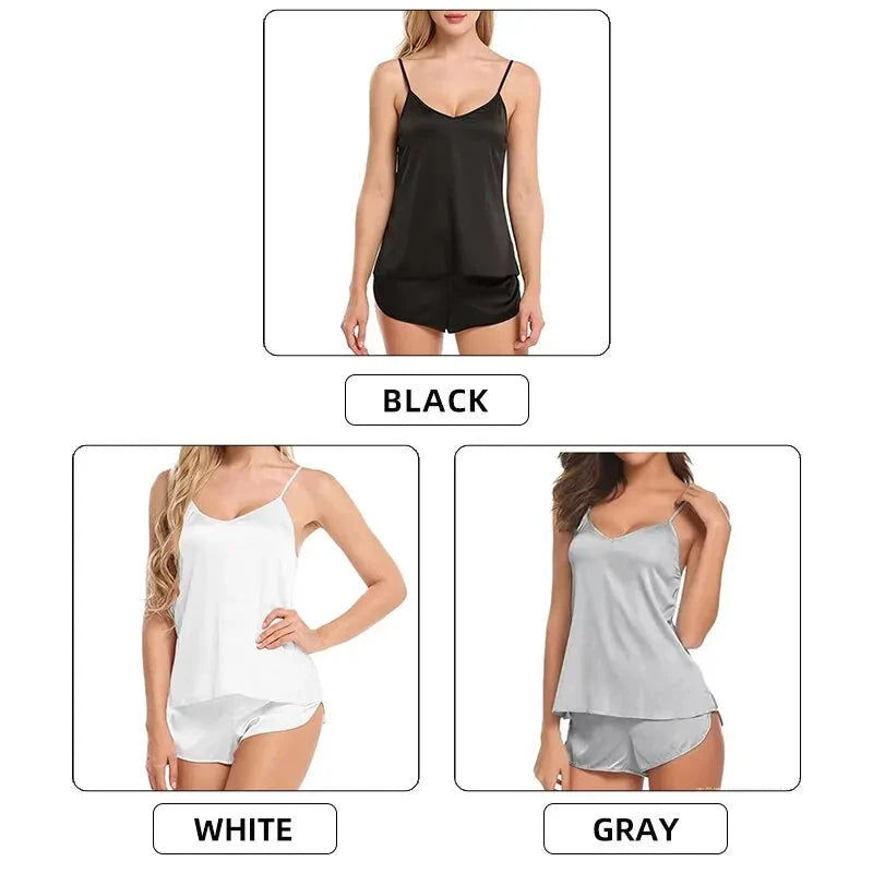 Women Sexy Ice Silky Pajamas Nightclothes Sleepwear Camisole And Shorts White Black Gray L XL XXL Comfortable Casual Summer - Slobuy