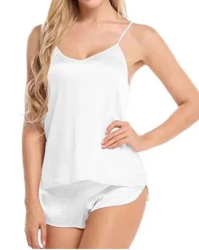 Women Sexy Ice Silky Pajamas Nightclothes Sleepwear Camisole And Shorts White Black Gray L XL XXL Comfortable Casual Summer - Slobuy