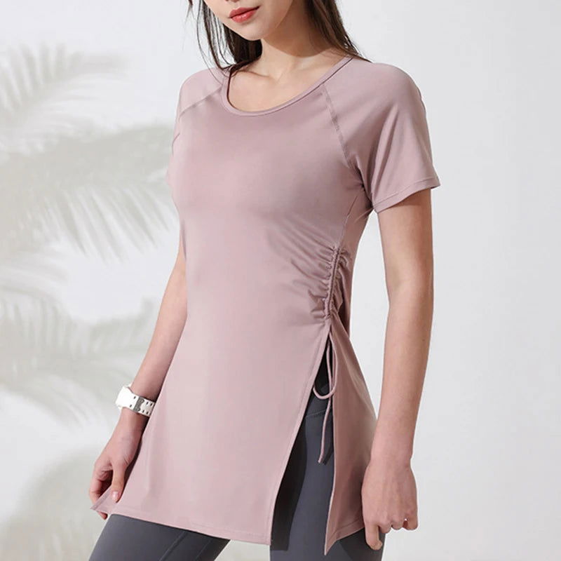 Women Workout Shirts Short Sleeve Yoga Top Gym Long Shirts Side Drawstring Split Sports Top Female Breathable Fitness Yoga Wear - Slobuy