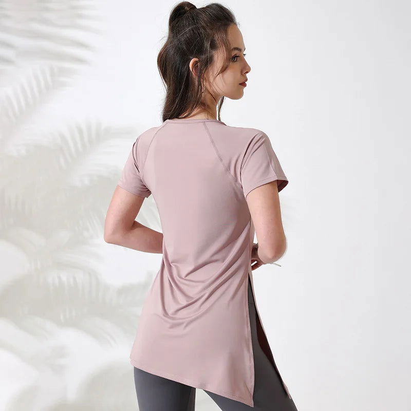 Women Workout Shirts Short Sleeve Yoga Top Gym Long Shirts Side Drawstring Split Sports Top Female Breathable Fitness Yoga Wear - Slobuy