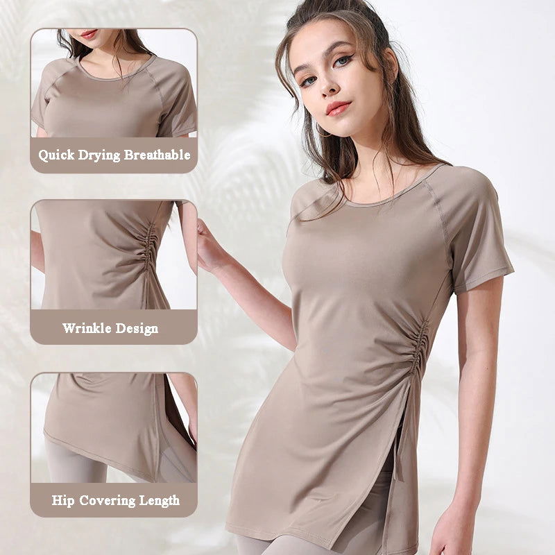 Women Workout Shirts Short Sleeve Yoga Top Gym Long Shirts Side Drawstring Split Sports Top Female Breathable Fitness Yoga Wear - Slobuy