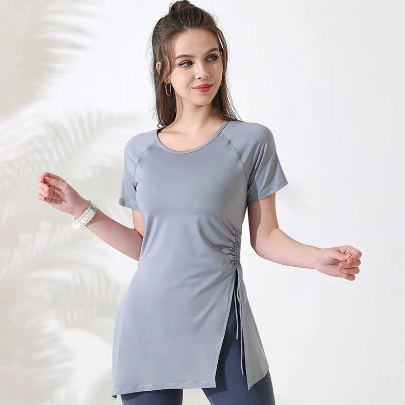 Women Workout Shirts Short Sleeve Yoga Top Gym Long Shirts Side Drawstring Split Sports Top Female Breathable Fitness Yoga Wear - Slobuy