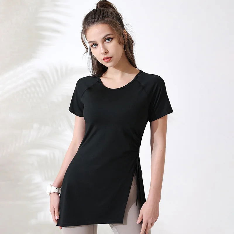 Women Workout Shirts Short Sleeve Yoga Top Gym Long Shirts Side Drawstring Split Sports Top Female Breathable Fitness Yoga Wear - Slobuy