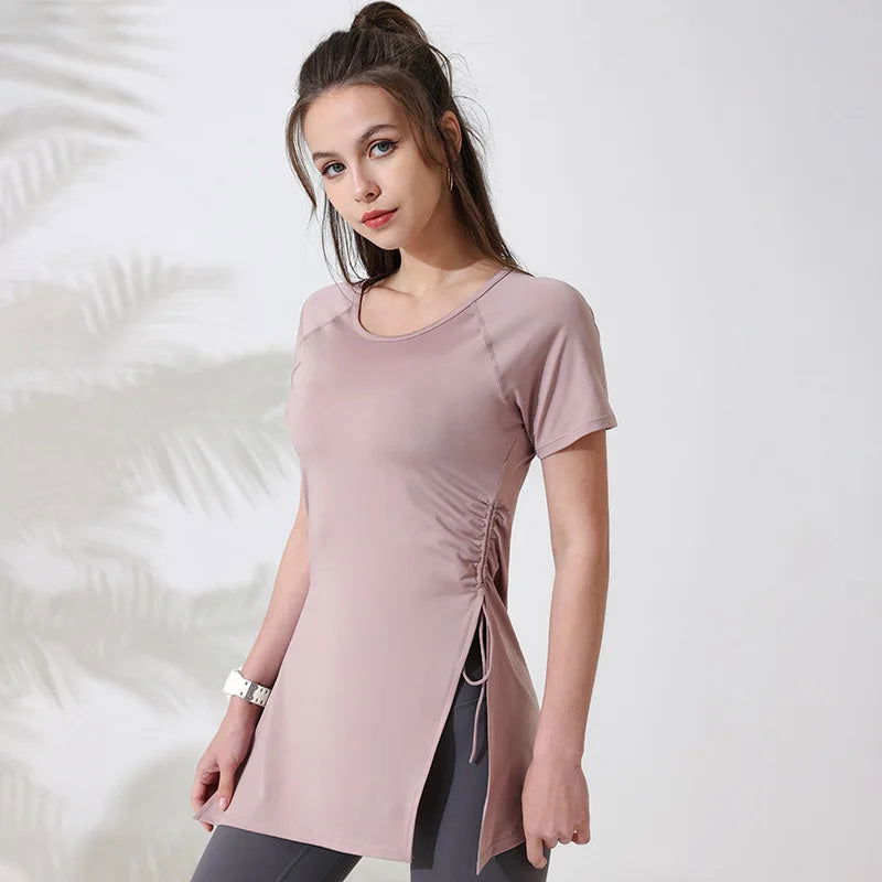 Women Workout Shirts Short Sleeve Yoga Top Gym Long Shirts Side Drawstring Split Sports Top Female Breathable Fitness Yoga Wear - Slobuy