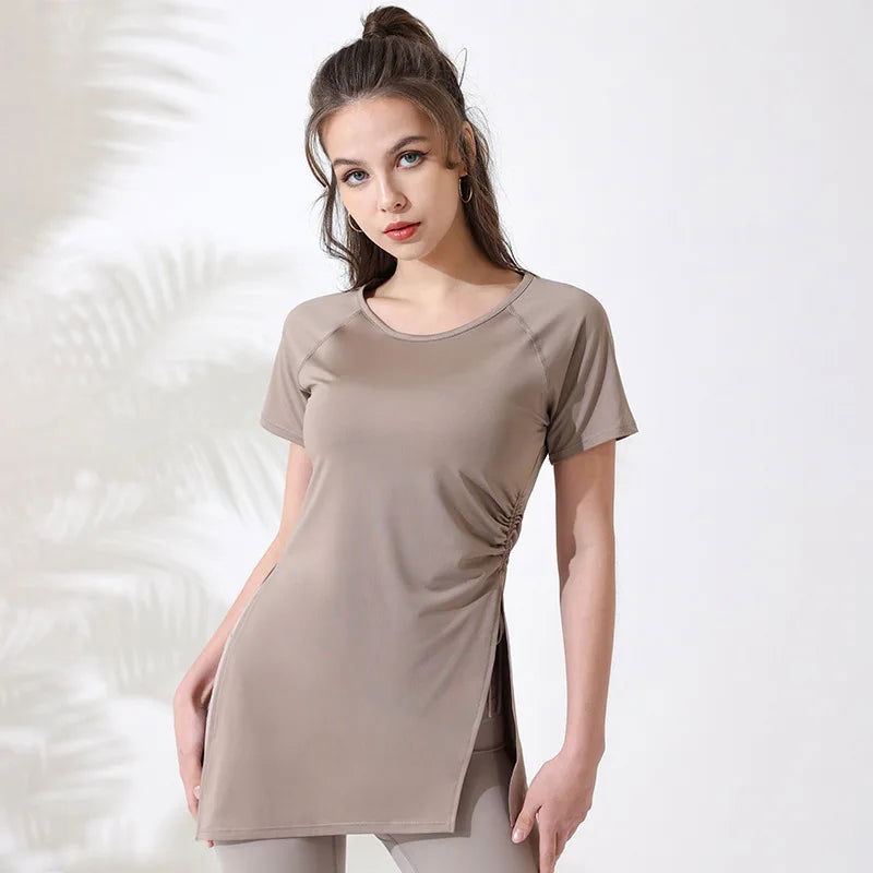 Women Workout Shirts Short Sleeve Yoga Top Gym Long Shirts Side Drawstring Split Sports Top Female Breathable Fitness Yoga Wear - Slobuy