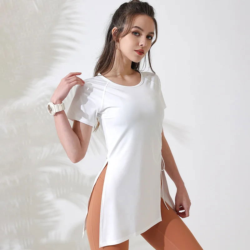 Women Workout Shirts Short Sleeve Yoga Top Gym Long Shirts Side Drawstring Split Sports Top Female Breathable Fitness Yoga Wear - Slobuy