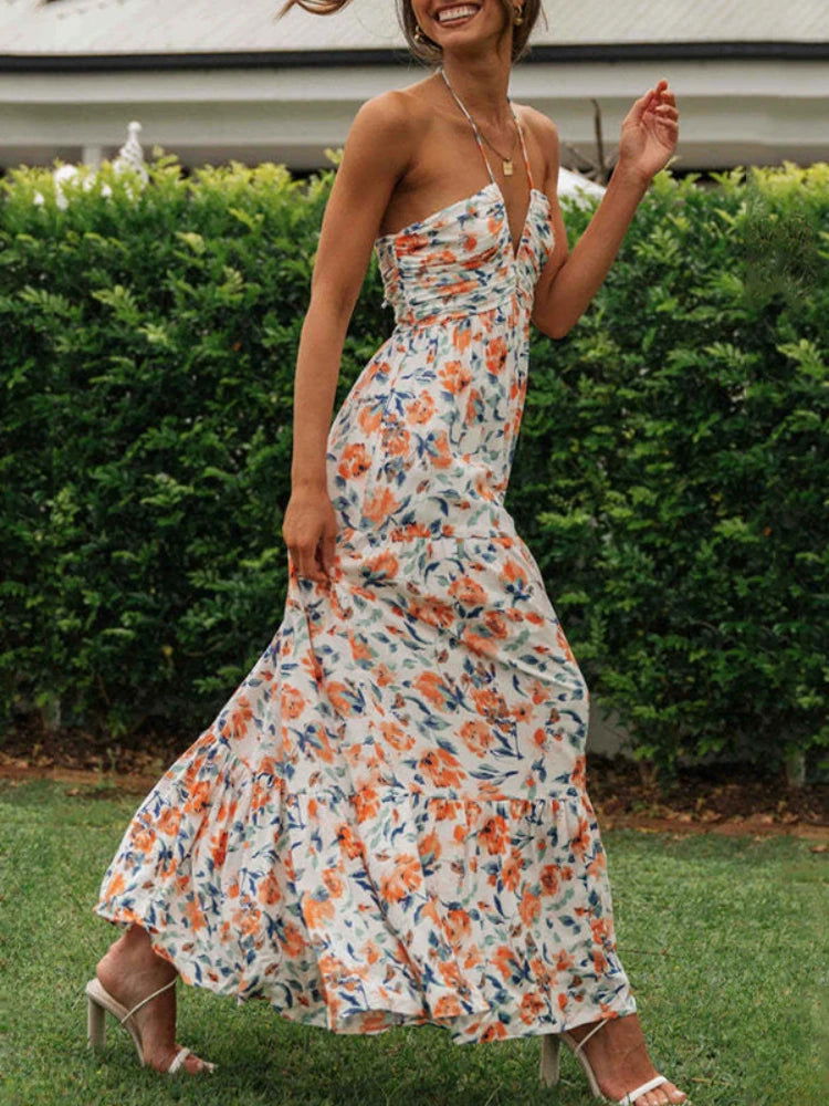 Women's Summer Chiffon Halter V Neck Sleeveless Floral Flowy A Line Maxi Dress Boho Backless Tiered Swing Long Beach Dresses - Slobuy