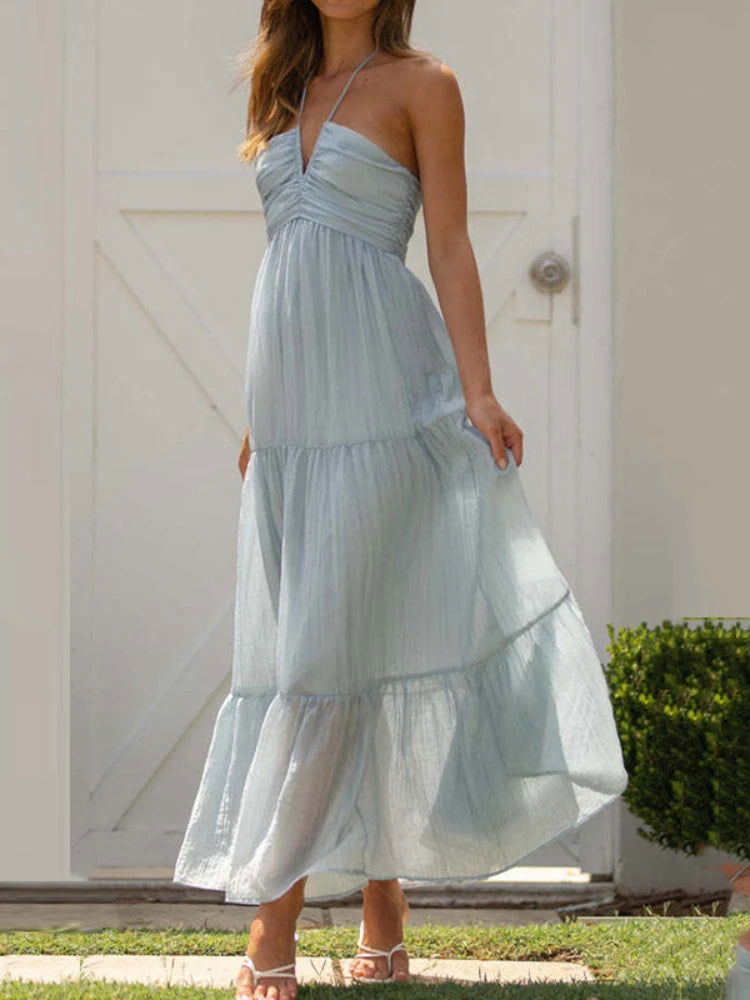 Women's Summer Chiffon Halter V Neck Sleeveless Floral Flowy A Line Maxi Dress Boho Backless Tiered Swing Long Beach Dresses - Slobuy