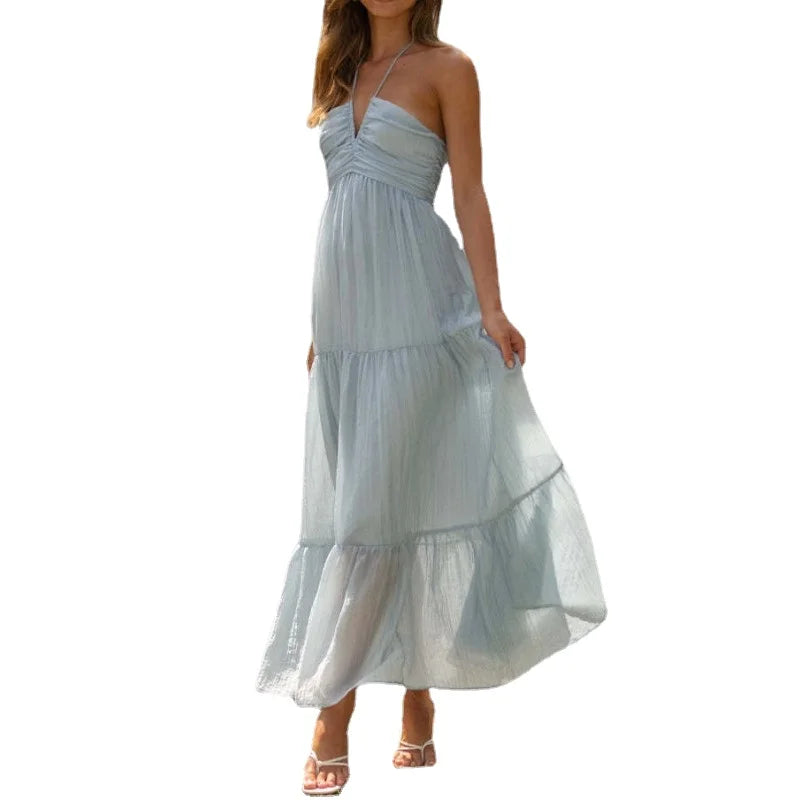 Women's Summer Chiffon Halter V Neck Sleeveless Floral Flowy A Line Maxi Dress Boho Backless Tiered Swing Long Beach Dresses - Slobuy