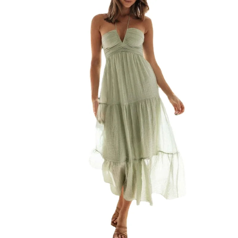 Women's Summer Chiffon Halter V Neck Sleeveless Floral Flowy A Line Maxi Dress Boho Backless Tiered Swing Long Beach Dresses - Slobuy