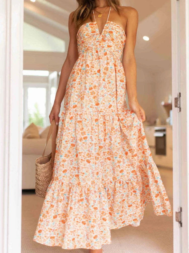 Women's Summer Chiffon Halter V Neck Sleeveless Floral Flowy A Line Maxi Dress Boho Backless Tiered Swing Long Beach Dresses - Slobuy