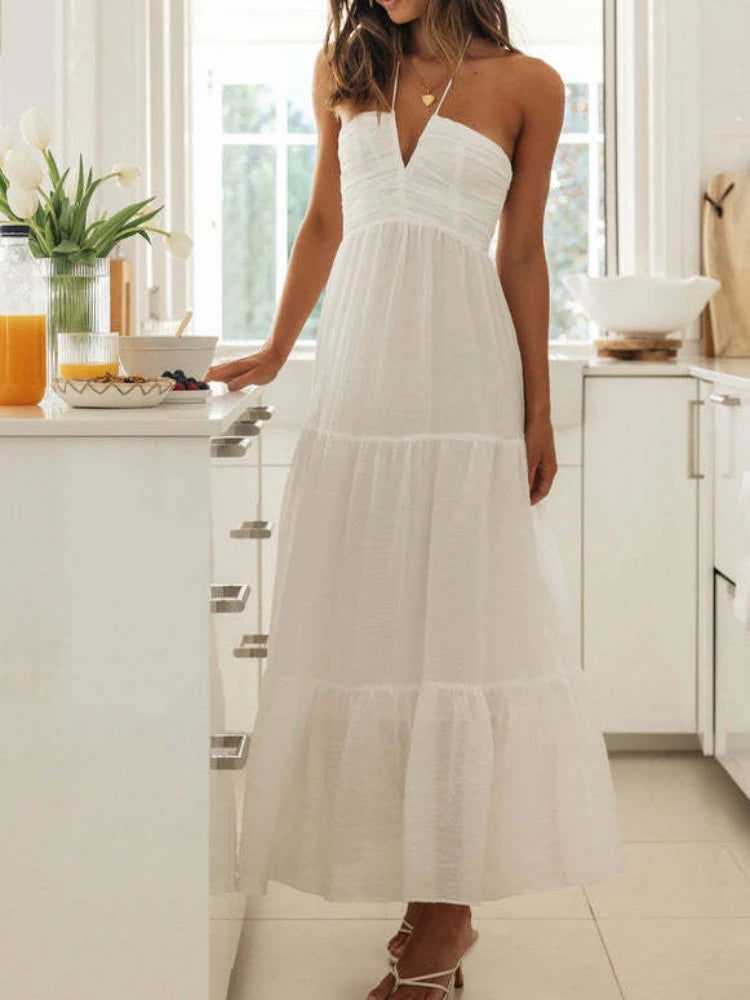 Women's Summer Chiffon Halter V Neck Sleeveless Floral Flowy A Line Maxi Dress Boho Backless Tiered Swing Long Beach Dresses - Slobuy
