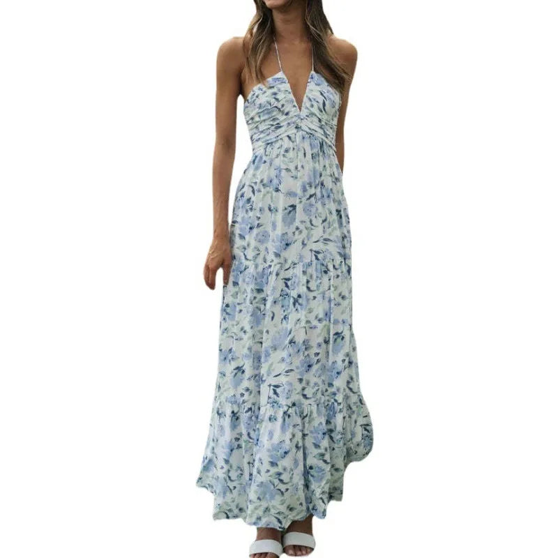 Women's Summer Chiffon Halter V Neck Sleeveless Floral Flowy A Line Maxi Dress Boho Backless Tiered Swing Long Beach Dresses - Slobuy