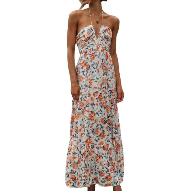 Women's Summer Chiffon Halter V Neck Sleeveless Floral Flowy A Line Maxi Dress Boho Backless Tiered Swing Long Beach Dresses - Slobuy