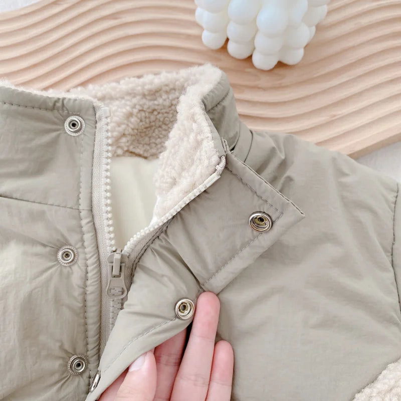 0-6Yrs Children Girls Laml Wool Stitching Coat Warm Autumn Girls Plus Velvet Jackets Winter Kids Clothing Outfits - Slobuy