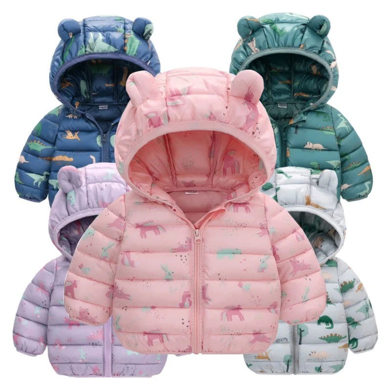 1-5 Years Baby Boy Hooded Lightweight Down Jacket Kids Girl Cartoon Dinosaur Zipper Coats Autumn Winter Warm Christmas Outerwear - Slobuy