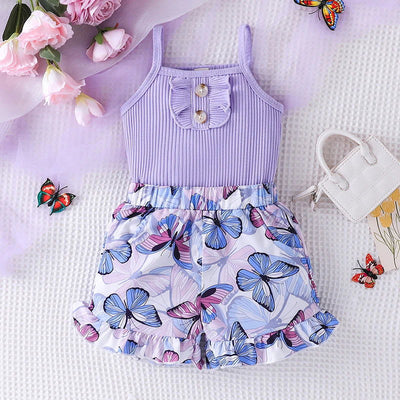 1-6 Years old Sleeveless Purple Vest Butterfly printing Short Pants Outfit Toddler Infant Fashion Clothing Suit For Kids Girl - Slobuy