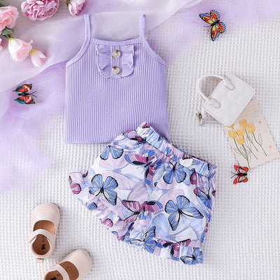 1-6 Years old Sleeveless Purple Vest Butterfly printing Short Pants Outfit Toddler Infant Fashion Clothing Suit For Kids Girl - Slobuy