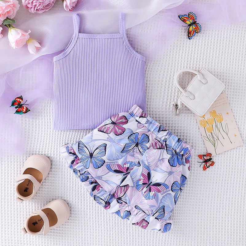 1-6 Years old Sleeveless Purple Vest Butterfly printing Short Pants Outfit Toddler Infant Fashion Clothing Suit For Kids Girl - Slobuy