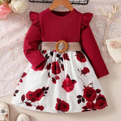 1-7 Years Children Girls New Year Dress Red Long Sleeved Flower Skirt for Birthday Wedding Party Wear Fashion Autumn Outfits - Slobuy