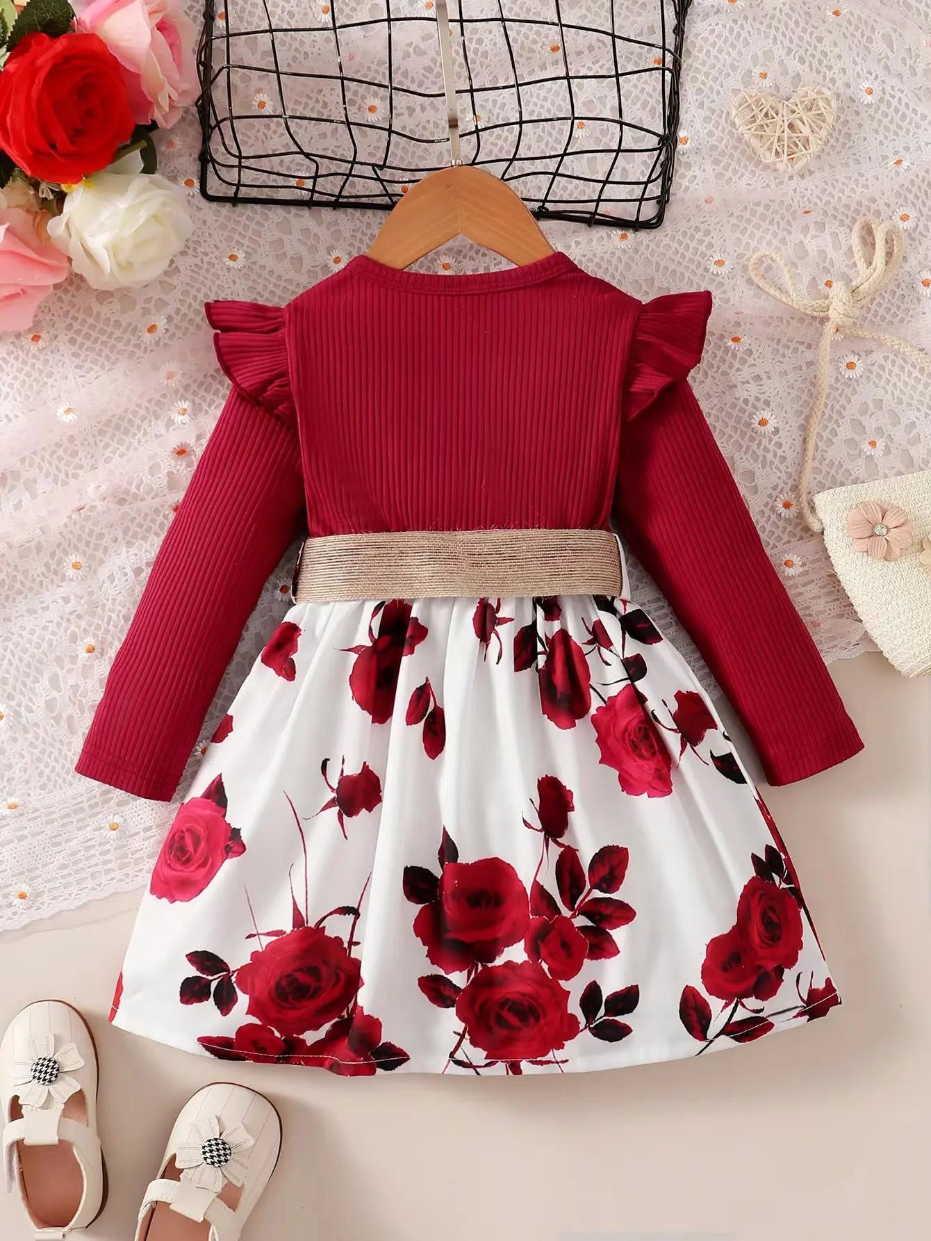 1-7 Years Children Girls New Year Dress Red Long Sleeved Flower Skirt for Birthday Wedding Party Wear Fashion Autumn Outfits - Slobuy