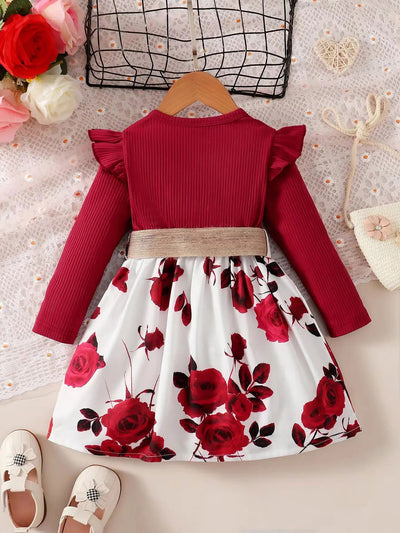 1-7 Years Children Girls New Year Dress Red Long Sleeved Flower Skirt for Birthday Wedding Party Wear Fashion Autumn Outfits - Slobuy