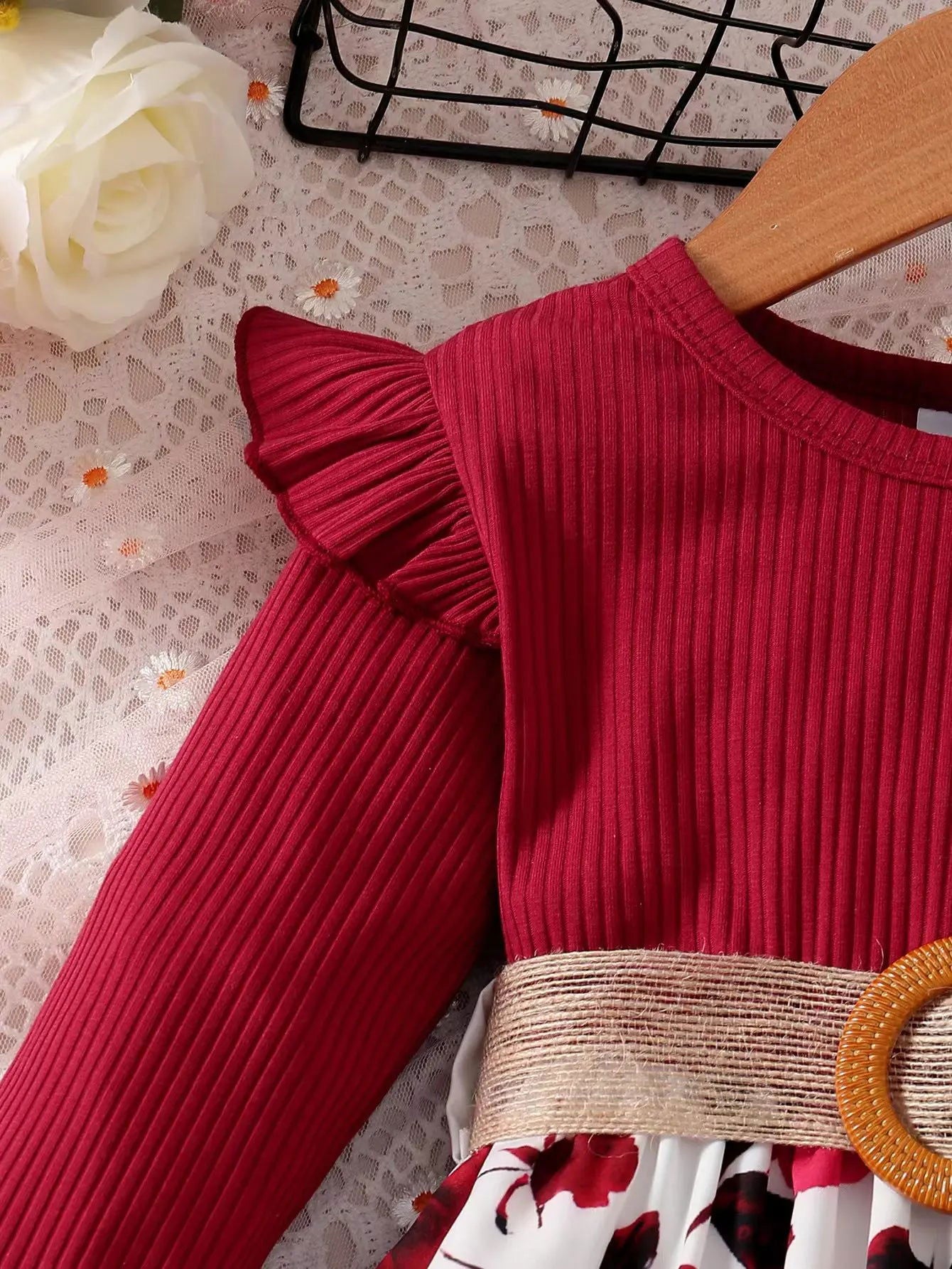 1-7 Years Children Girls New Year Dress Red Long Sleeved Flower Skirt for Birthday Wedding Party Wear Fashion Autumn Outfits - Slobuy