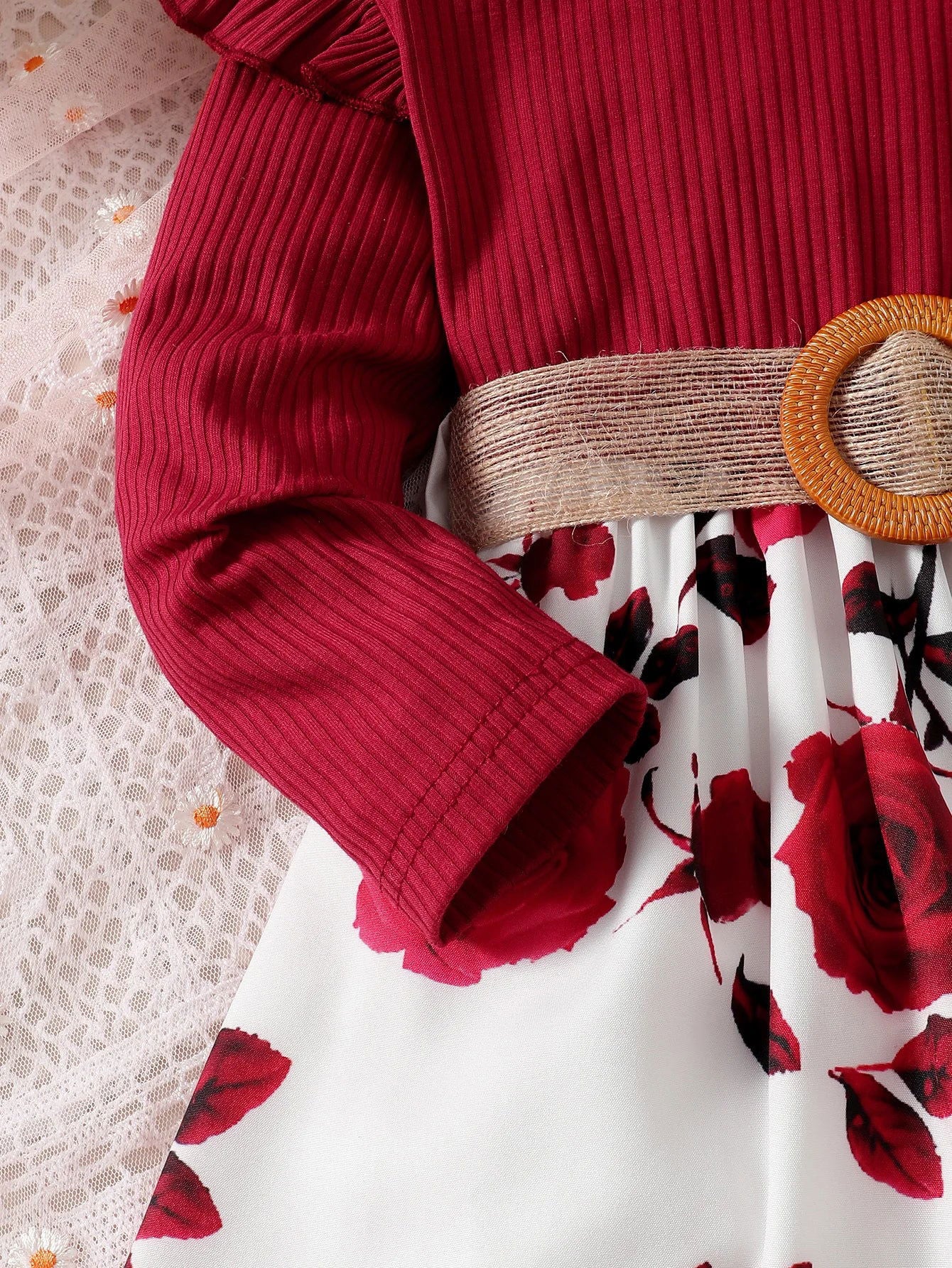 1-7 Years Children Girls New Year Dress Red Long Sleeved Flower Skirt for Birthday Wedding Party Wear Fashion Autumn Outfits - Slobuy