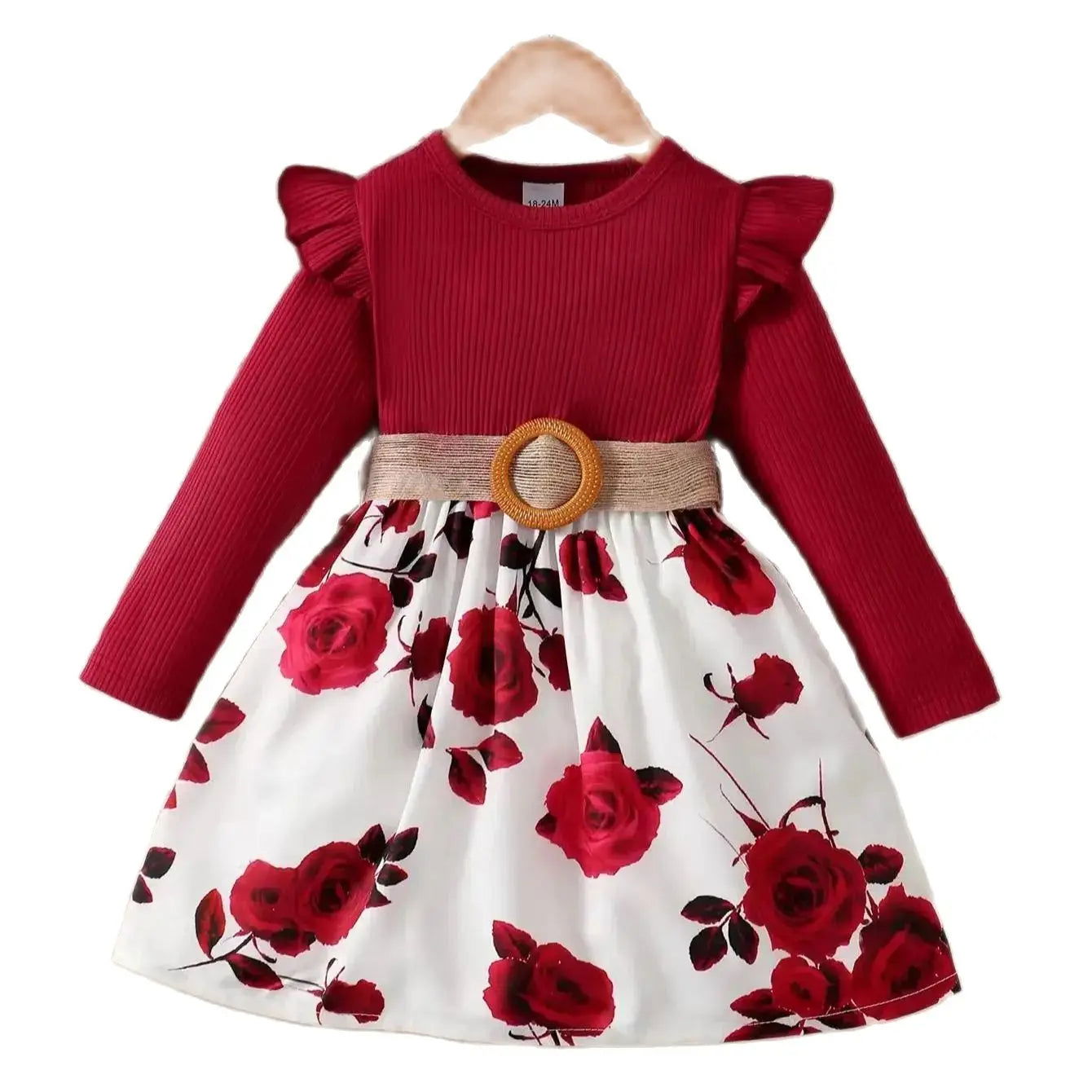 1-7 Years Children Girls New Year Dress Red Long Sleeved Flower Skirt for Birthday Wedding Party Wear Fashion Autumn Outfits - Slobuy