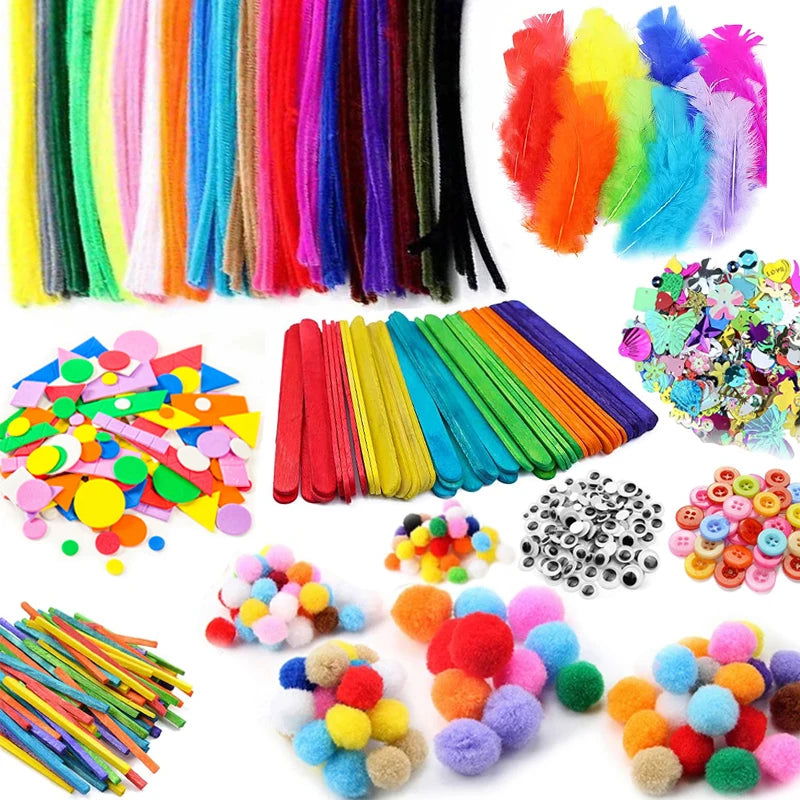 1000pcs Kids Crafts Art Supplies Kit Pipe Cleaners Pompoms Foam Stickers Feather Felt Cloth Button DIY Creative Craft Toy Gifts - Slobuy