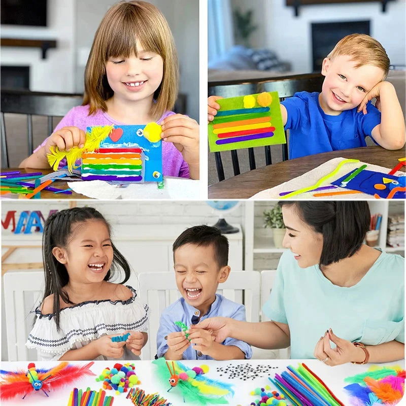 1000pcs Kids Crafts Art Supplies Kit Pipe Cleaners Pompoms Foam Stickers Feather Felt Cloth Button DIY Creative Craft Toy Gifts - Slobuy