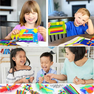1000pcs Kids Crafts Art Supplies Kit Pipe Cleaners Pompoms Foam Stickers Feather Felt Cloth Button DIY Creative Craft Toy Gifts - Slobuy