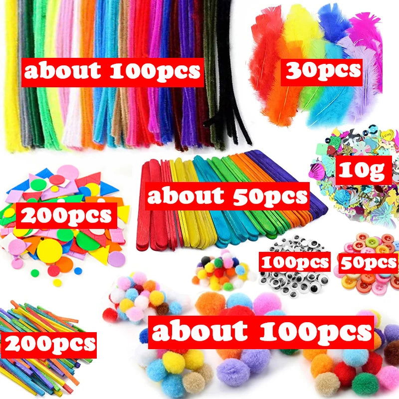 1000pcs Kids Crafts Art Supplies Kit Pipe Cleaners Pompoms Foam Stickers Feather Felt Cloth Button DIY Creative Craft Toy Gifts - Slobuy