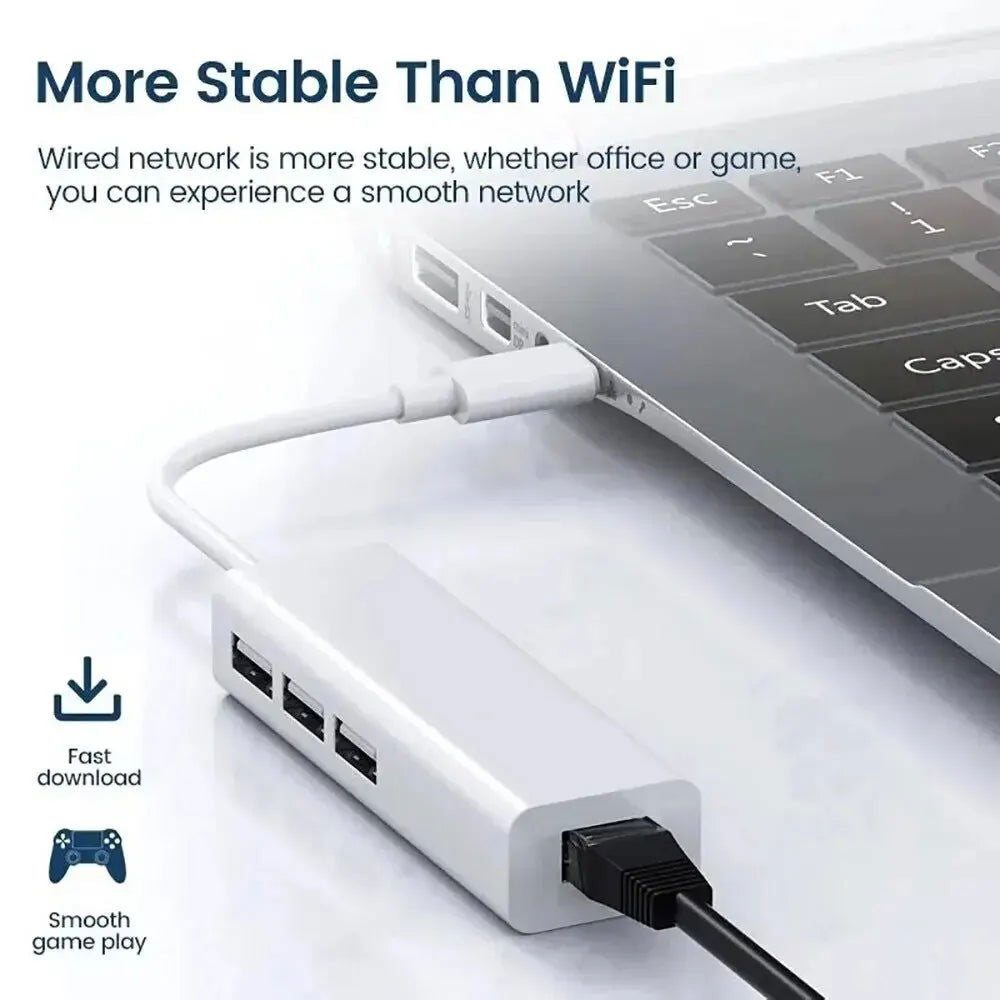 100Mbps USB C Network Card USB To RJ45 Ethernet Lan Adapter 3 USB 2.0 Type C Hub for MacBook Xiaomi Samsung Huawei PC Computer - Slobuy