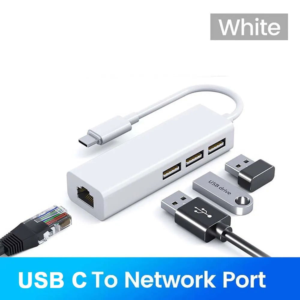 100Mbps USB C Network Card USB To RJ45 Ethernet Lan Adapter 3 USB 2.0 Type C Hub for MacBook Xiaomi Samsung Huawei PC Computer - Slobuy