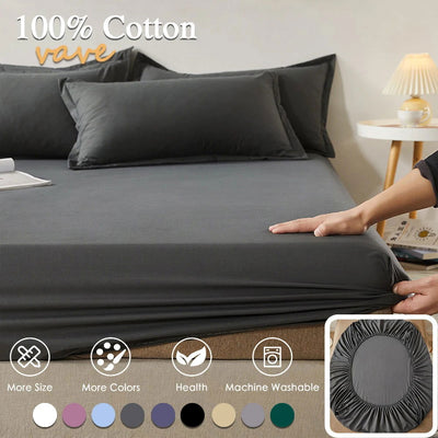 100% Cotton Fitted Bed Sheet with Elastic Band Solid Color Anti-slip Adjustable Mattress Cover for Single Double King Queen Bed - Slobuy