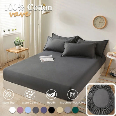 100% Cotton Fitted Bed Sheet with Elastic Band Solid Color Anti-slip Adjustable Mattress Cover for Single Double King Queen Bed - Slobuy