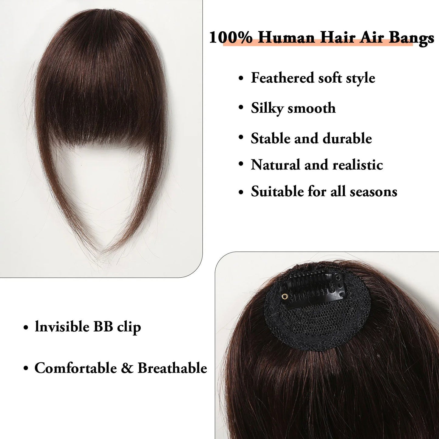 100% Human Hair Bangs Natural Brown Wispy Bang Hair Clip in Bangs Fringe with Temples Hairpiece for Women Clip on Air Bang 4.5in - Slobuy