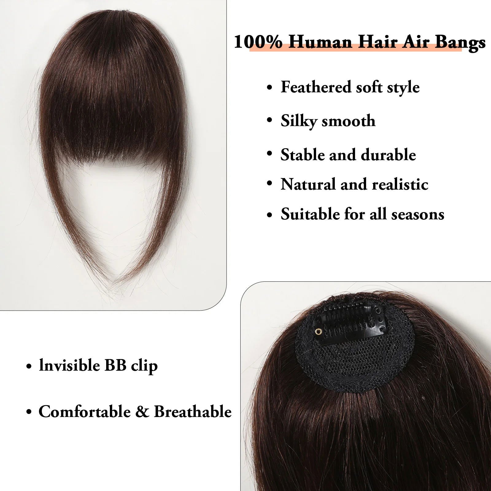 100% Human Hair Bangs Natural Brown Wispy Bang Hair Clip in Bangs Fringe with Temples Hairpiece for Women Clip on Air Bang 4.5in - Slobuy