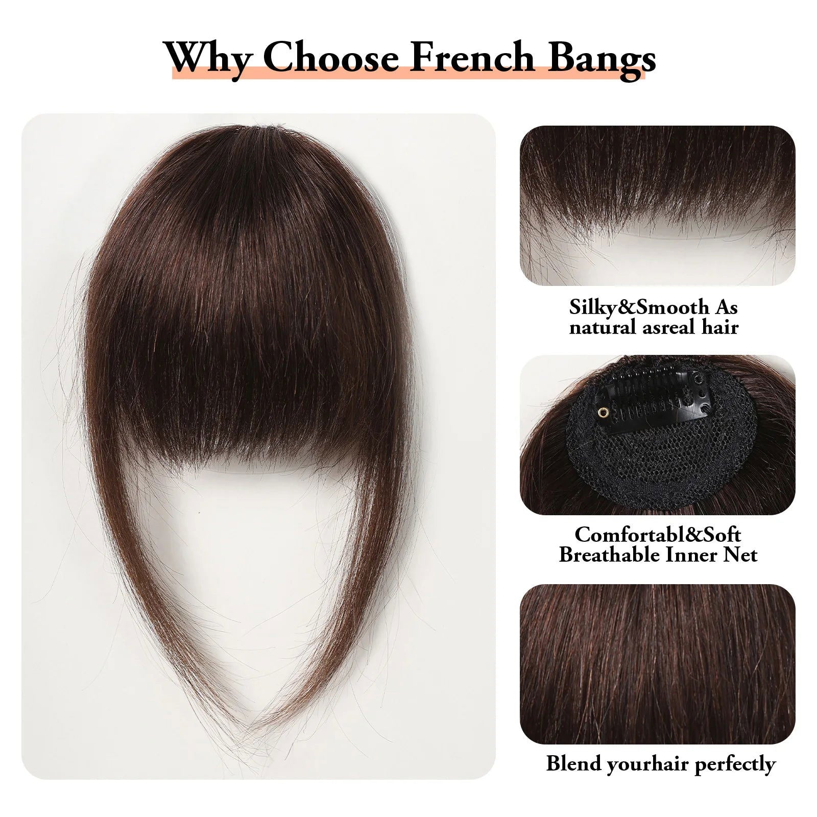 100% Human Hair Bangs Natural Brown Wispy Bang Hair Clip in Bangs Fringe with Temples Hairpiece for Women Clip on Air Bang 4.5in - Slobuy