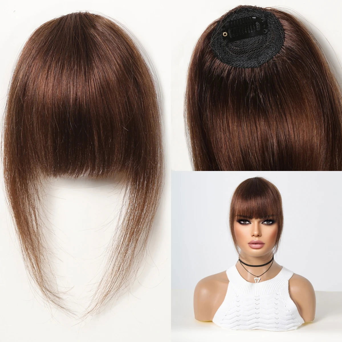 100% Human Hair Bangs Natural Brown Wispy Bang Hair Clip in Bangs Fringe with Temples Hairpiece for Women Clip on Air Bang 4.5in - Slobuy