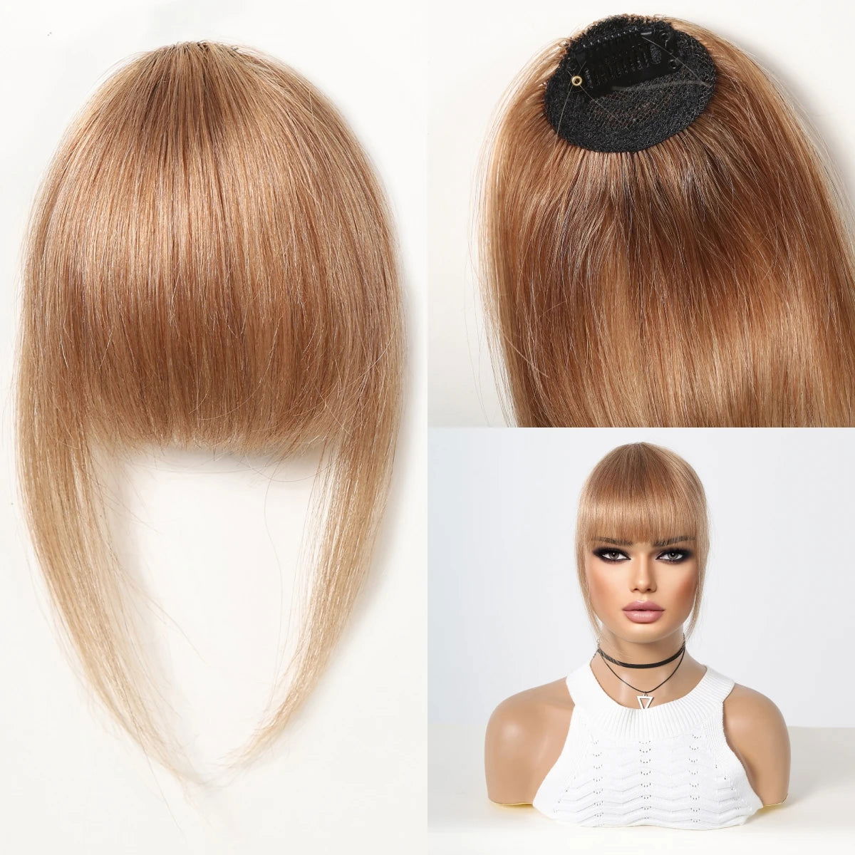 100% Human Hair Bangs Natural Brown Wispy Bang Hair Clip in Bangs Fringe with Temples Hairpiece for Women Clip on Air Bang 4.5in - Slobuy