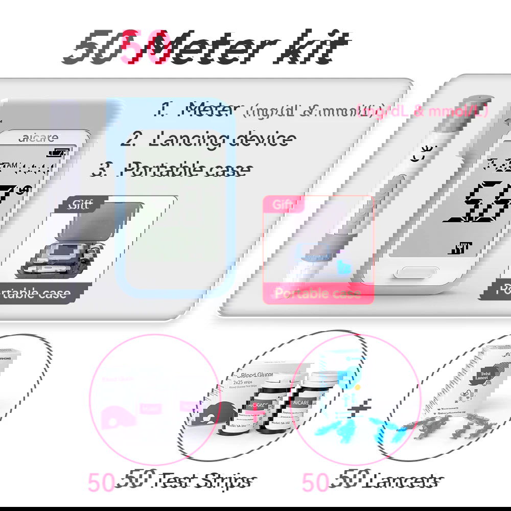 AICARE Blood Glucose Meter Glucometer Diabetes 50/100 Test Strips Lancets Blood Sugar Meter Monitor Medical Devices Tester - Slobuy
