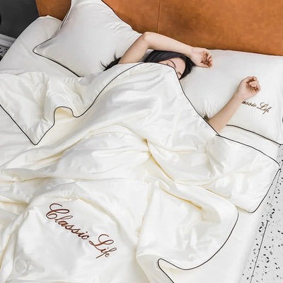 100% Washed Silk Summer Quilt Embroidery Smooth Ice Cooling Comforter for Bed Silky Solid Blanket Soft Cool Summer Blanket - Slobuy