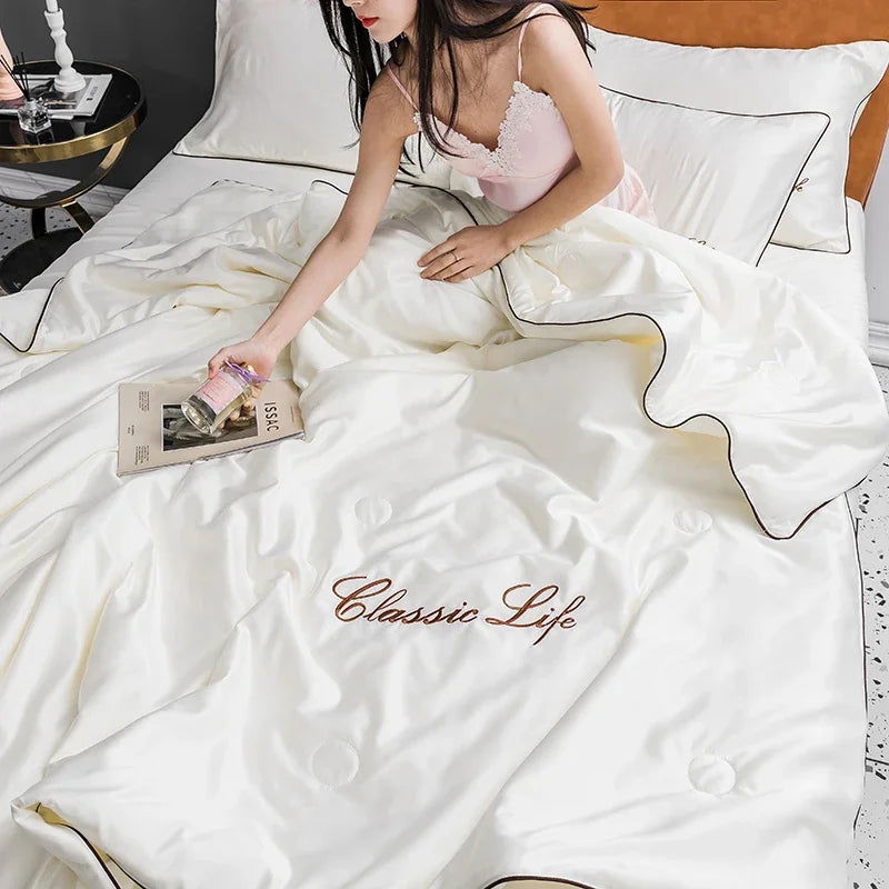 100% Washed Silk Summer Quilt Embroidery Smooth Ice Cooling Comforter for Bed Silky Solid Blanket Soft Cool Summer Blanket - Slobuy