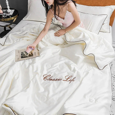 100% Washed Silk Summer Quilt Embroidery Smooth Ice Cooling Comforter for Bed Silky Solid Blanket Soft Cool Summer Blanket - Slobuy